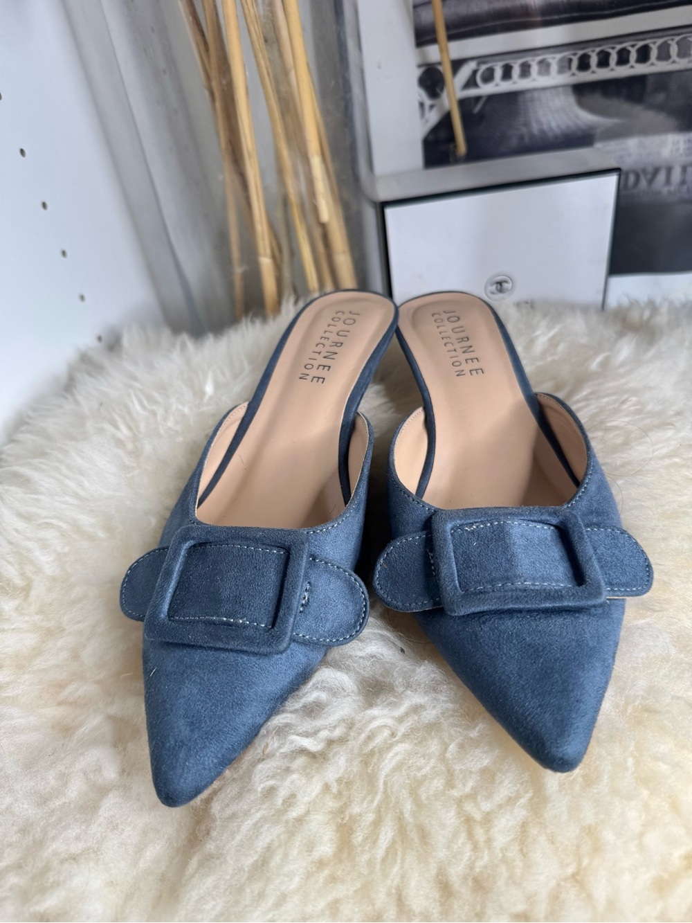 Journee Collection Navy Suede Pointed Buckle Mules